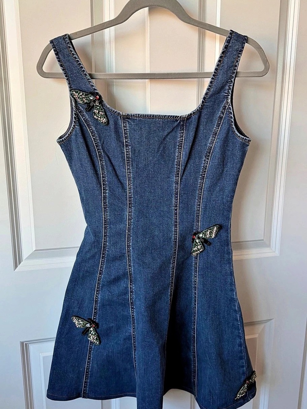 Robert Rodriguez Denim Fit & Flare Dress Jeweled Dragonfly Appliqué Size 2